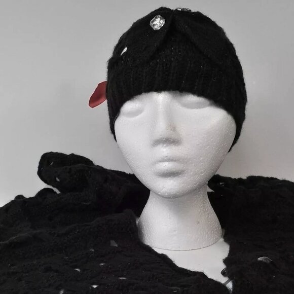 Apt 9 Ladies Black Knit Bow & Rhinestone Winter Hat & Scarf 2 Piece Set - Picture 1 of 1